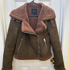 Zara Brown Teddy Jacket with Shearling Collar